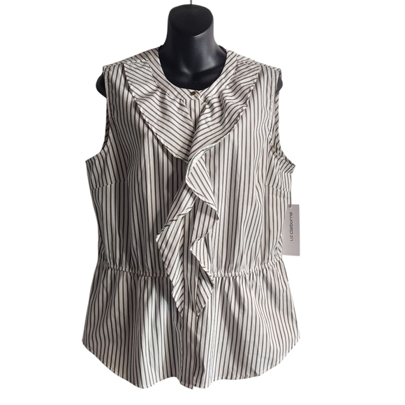 Liz Claiborne Tops - Liz Claiborne Women's Blouse White Gray Straps Ruffle Sleeveless Button Sz L NWT